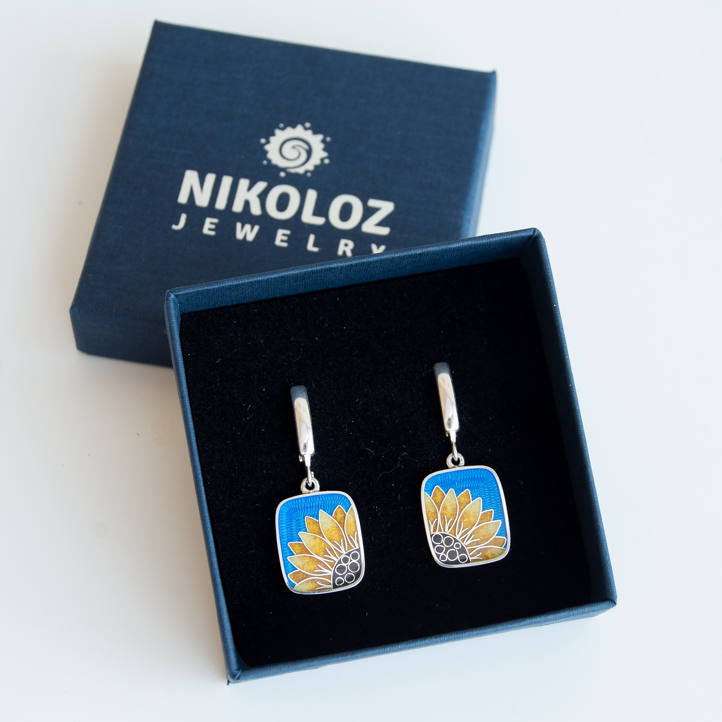 Cloisonné Enamel, Sterling Silver Earrings "Sunflower"