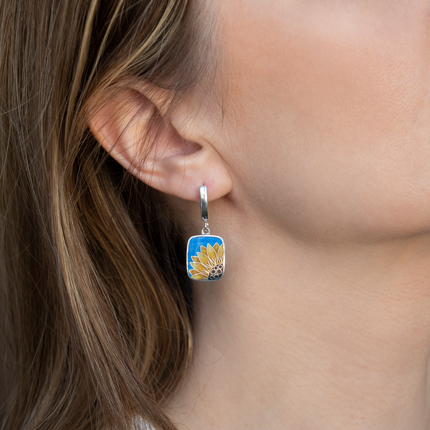 Cloisonné Enamel, Sterling Silver Earrings "Sunflower"