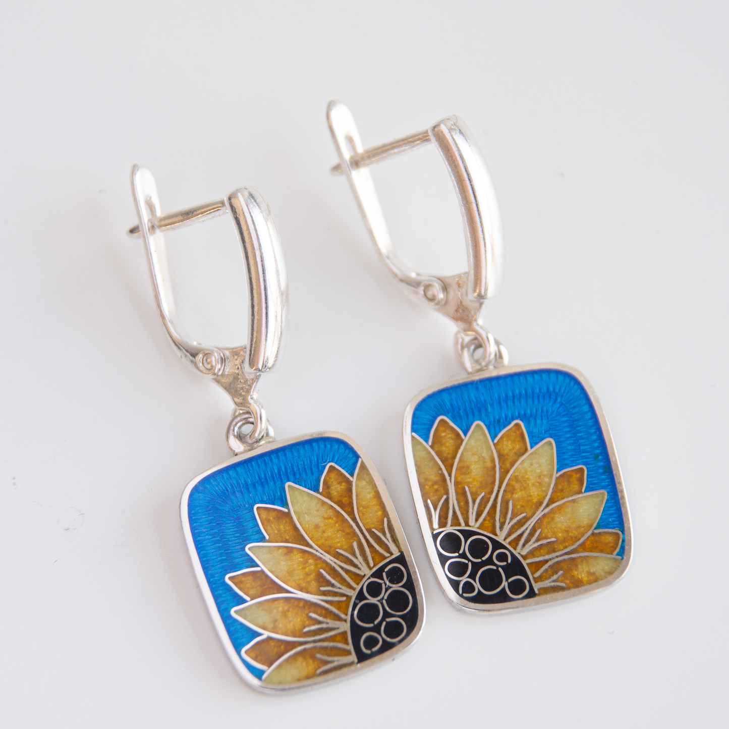 Cloisonné Enamel, Sterling Silver Earrings "Sunflower"