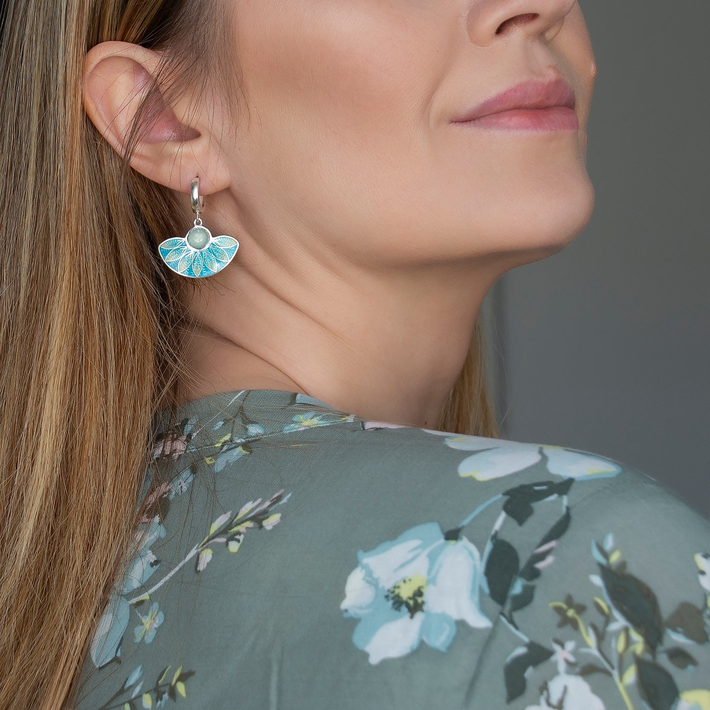 Aqua Chalcedony, Cloisonné Enamel, Turquoise Earrings.
