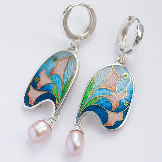 Art Nouveau Style, Gold Cloisonné Enamel Earrings With Rose Pearls