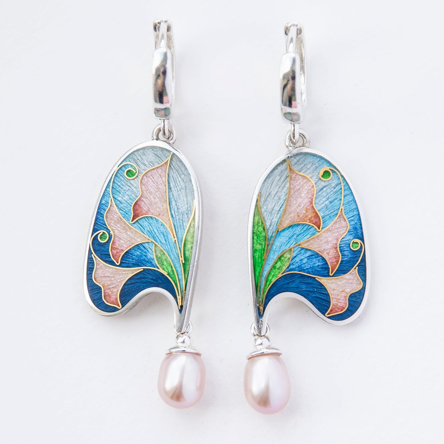 Art Nouveau Style, Gold Cloisonné Enamel Earrings With Rose Pearls