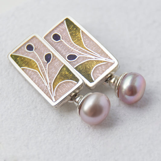 Cloisonné Enamel Pink Studs With Rose Pearls