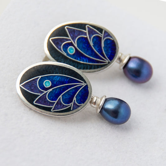 Cloisonné Enamel. Black and Dark Blue  Earrings With Peacock Pearls