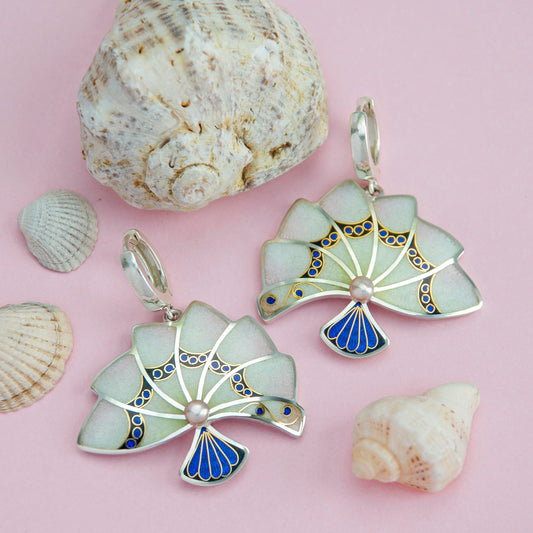 Fan Shape Earrings With Rose Pearl And Gold. Cloisonné Enamel. Opalescent Enamel.