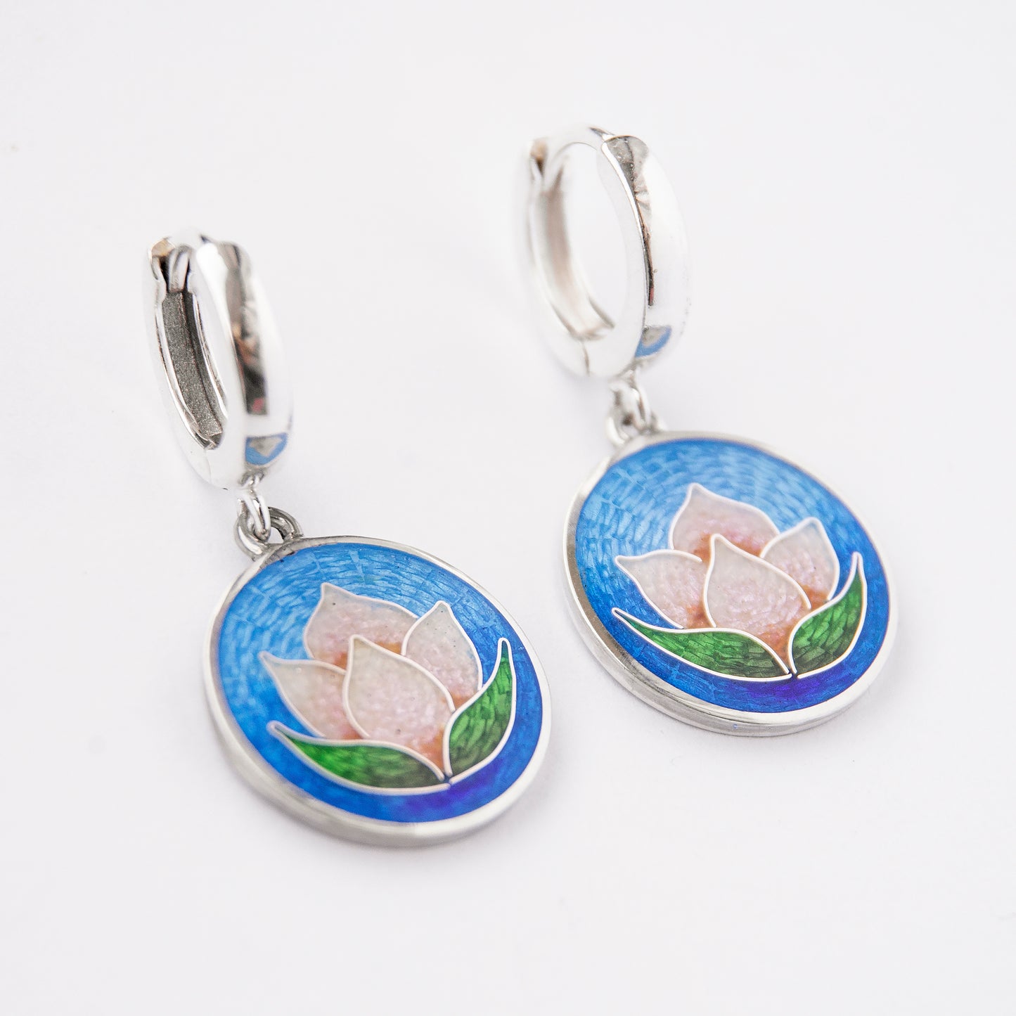 Cloisonné Enamel, Sterling Silver, Earrings "Rose Water Lily"