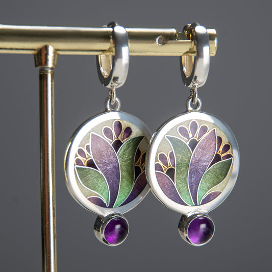 Cloisonné Enamel, Amethyst  Stone, Silver, Fine Gold Earrings Violets Flower