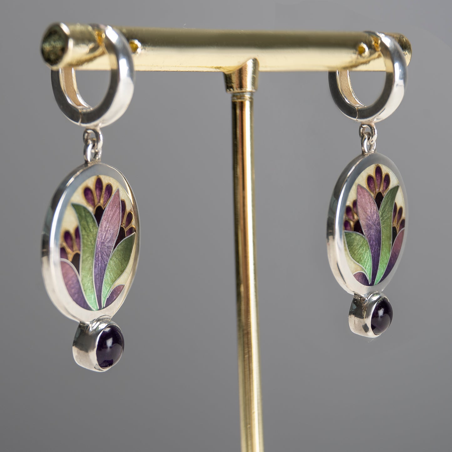 Cloisonné Enamel, Amethyst  Stone, Silver, Fine Gold Earrings Violets Flower
