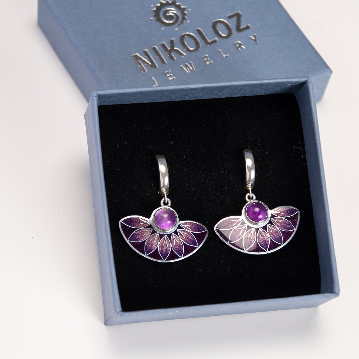 Purple Leaves Semicircle Cloisonné Enamel Earrings with Amethyst Stone