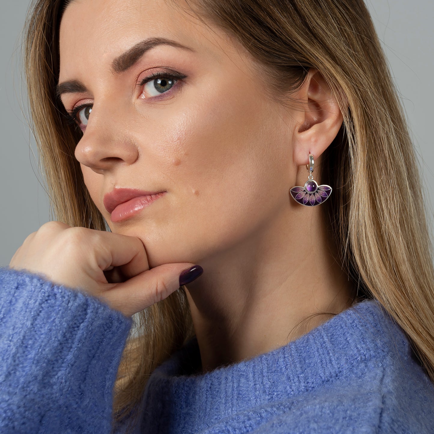 Purple Leaves Semicircle Cloisonné Enamel Earrings with Amethyst Stone