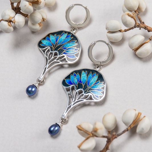 Gold Tree Cloisonné Enamel Earrings With Peacock Pearls