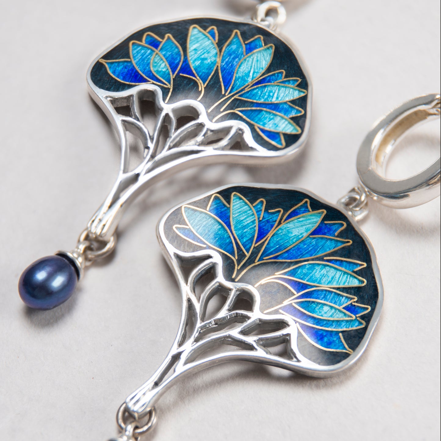 Gold Tree Cloisonné Enamel Earrings With Peacock Pearls