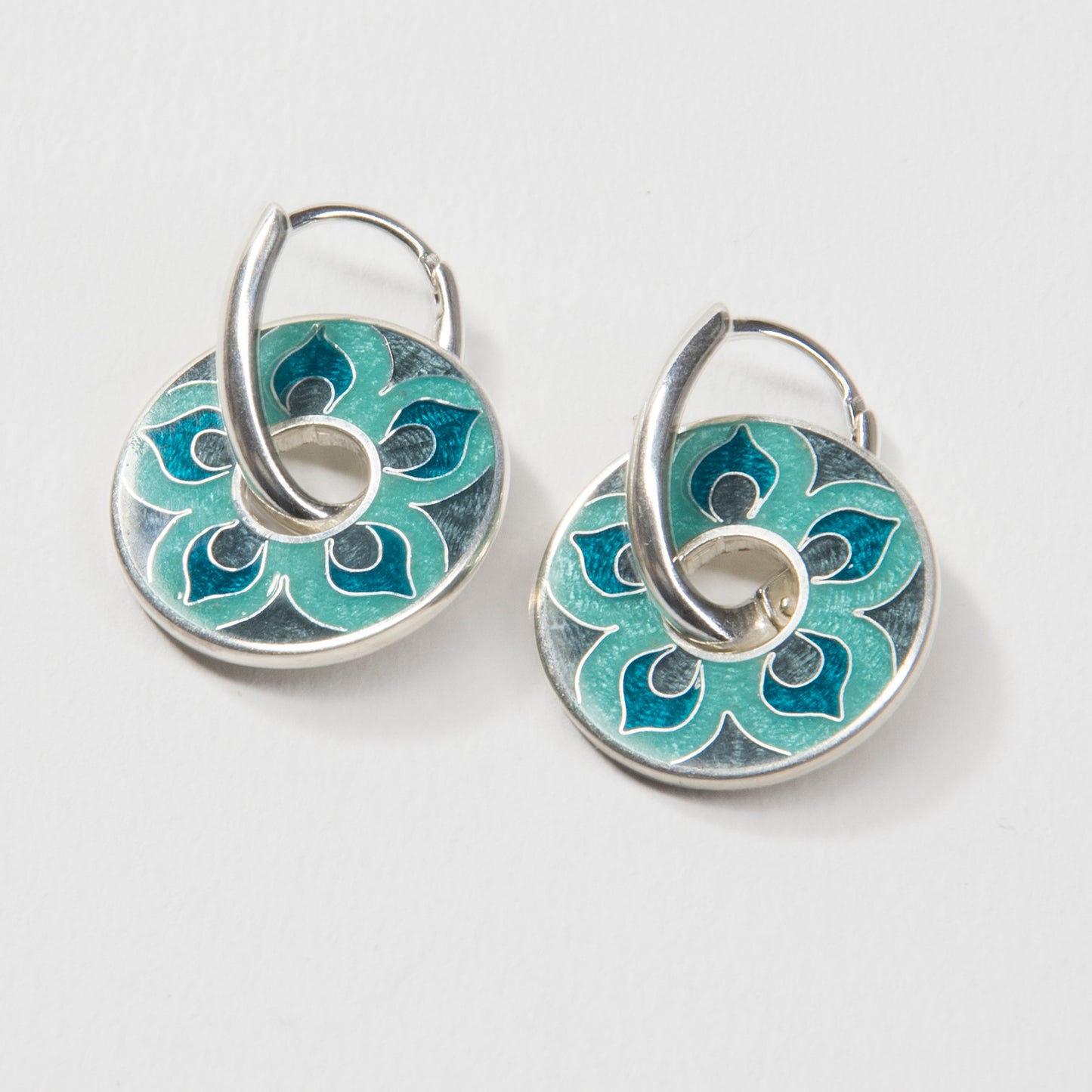 Cloisonné Enamel, Silver, Round Earrings "Turquoise Mandala"