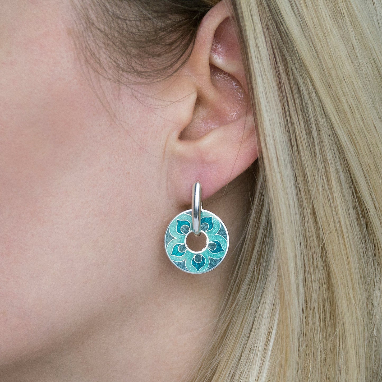 Cloisonné Enamel, Silver, Round Earrings "Turquoise Mandala"