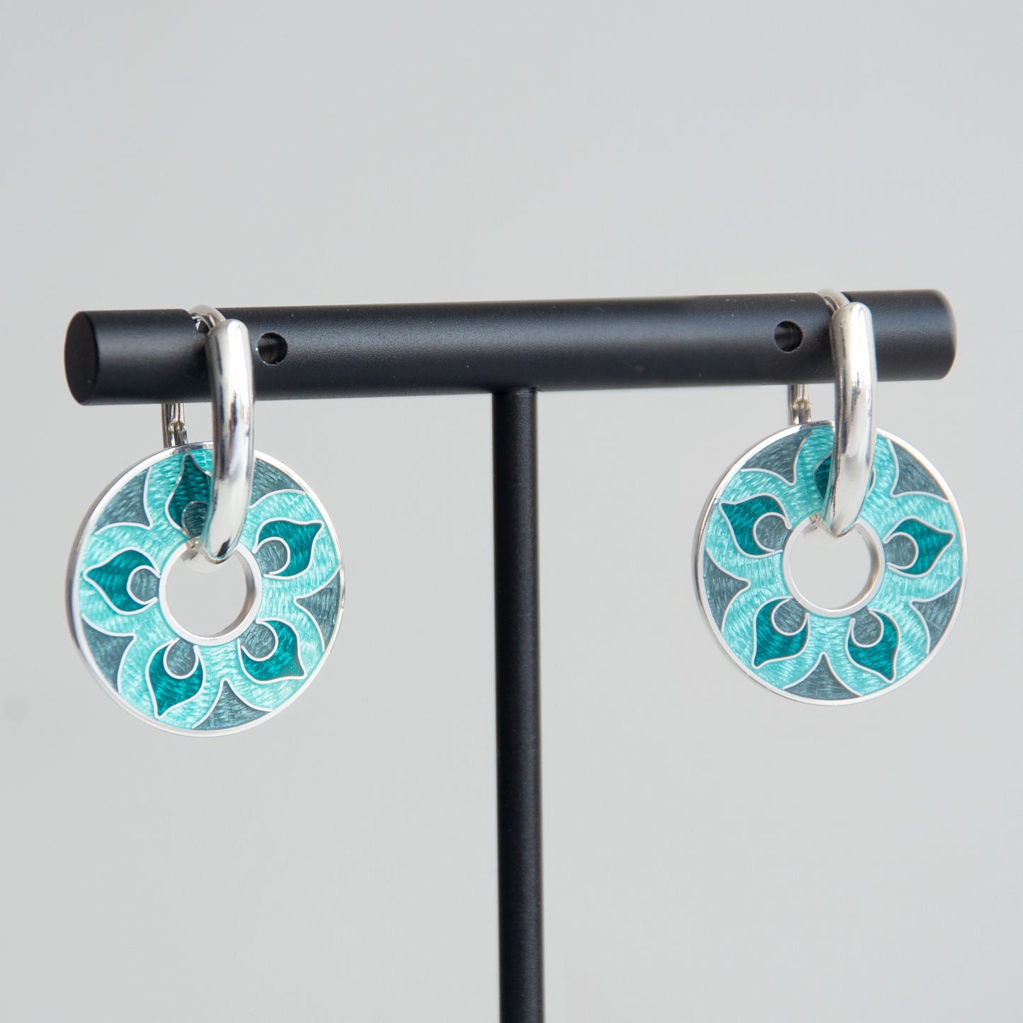 Cloisonné Enamel, Silver, Round Earrings "Turquoise Mandala"