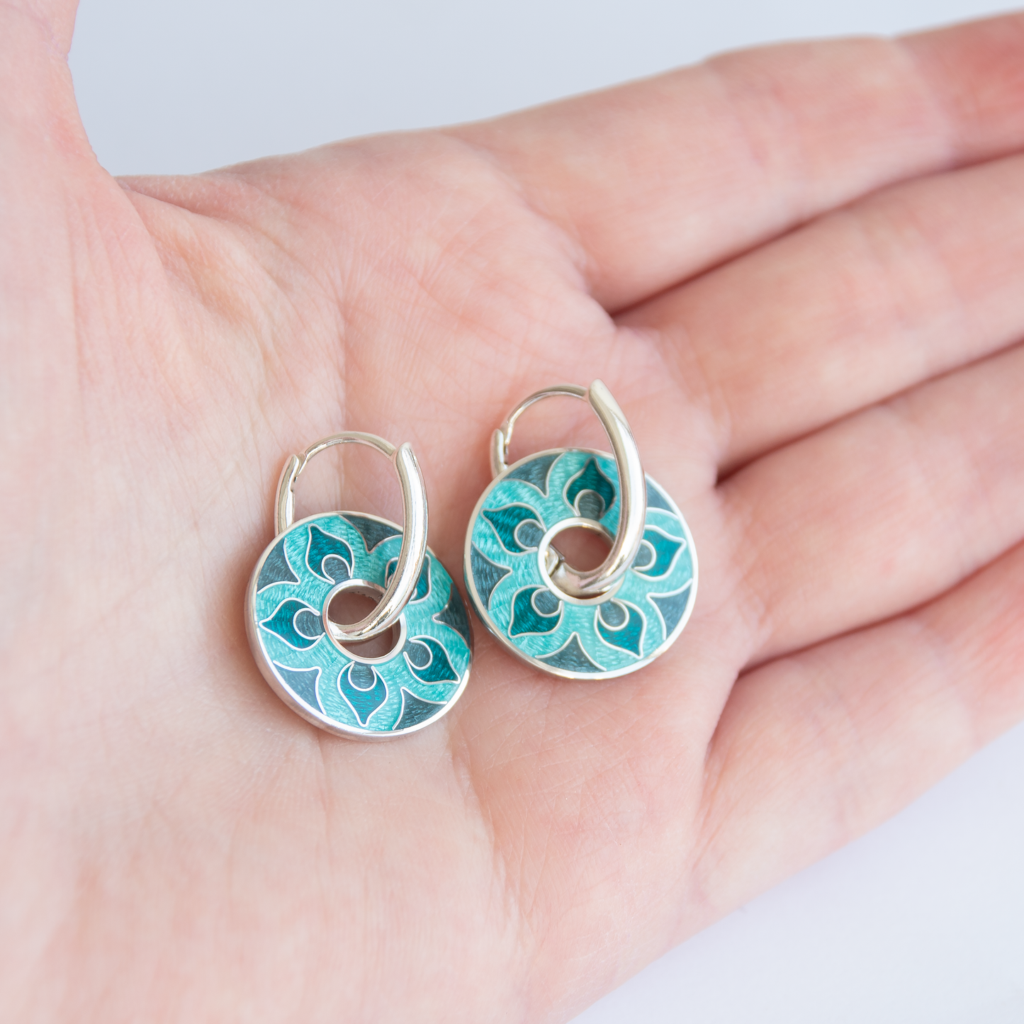 Cloisonné Enamel, Silver, Round Earrings "Turquoise Mandala"