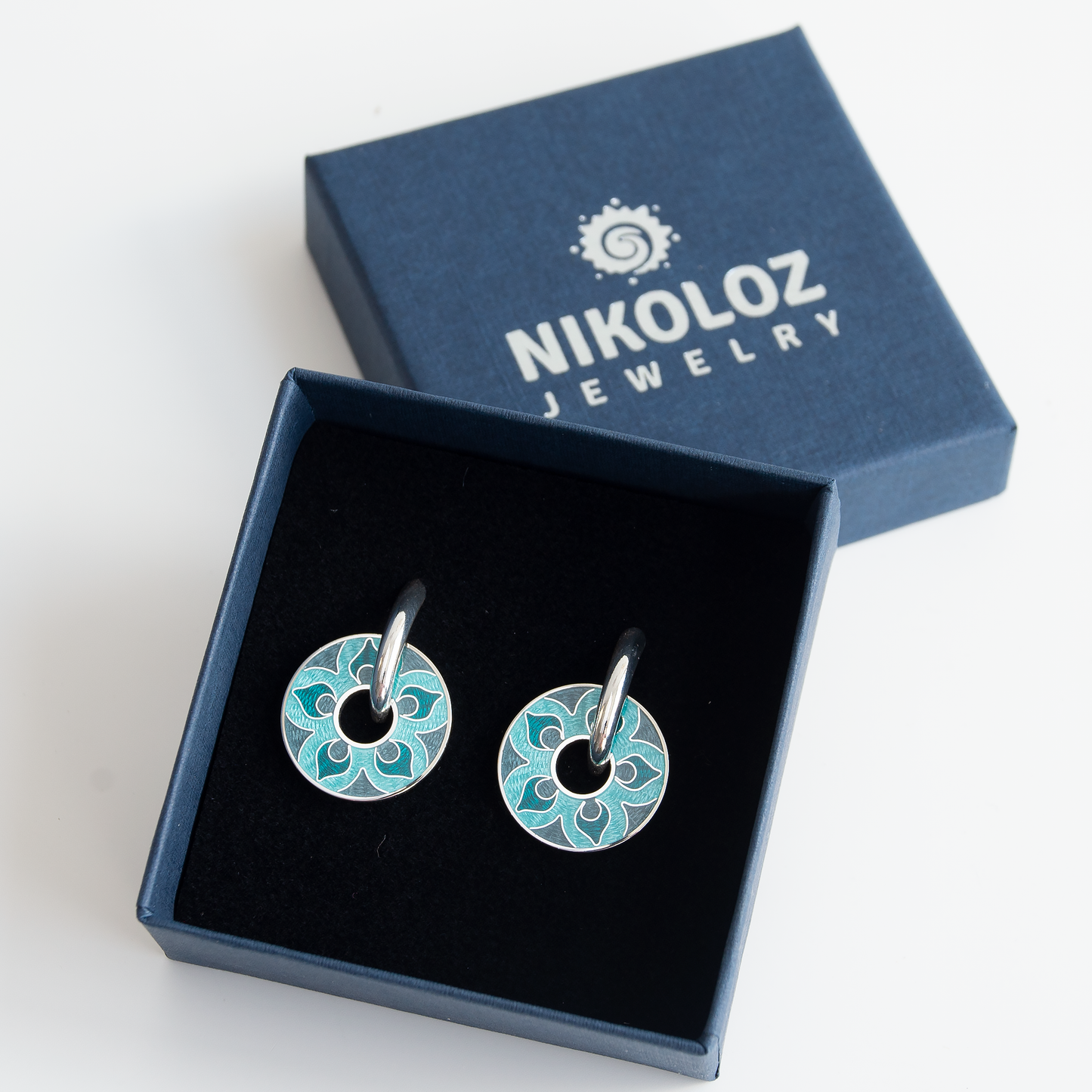 Cloisonné Enamel, Silver, Round Earrings "Turquoise Mandala"