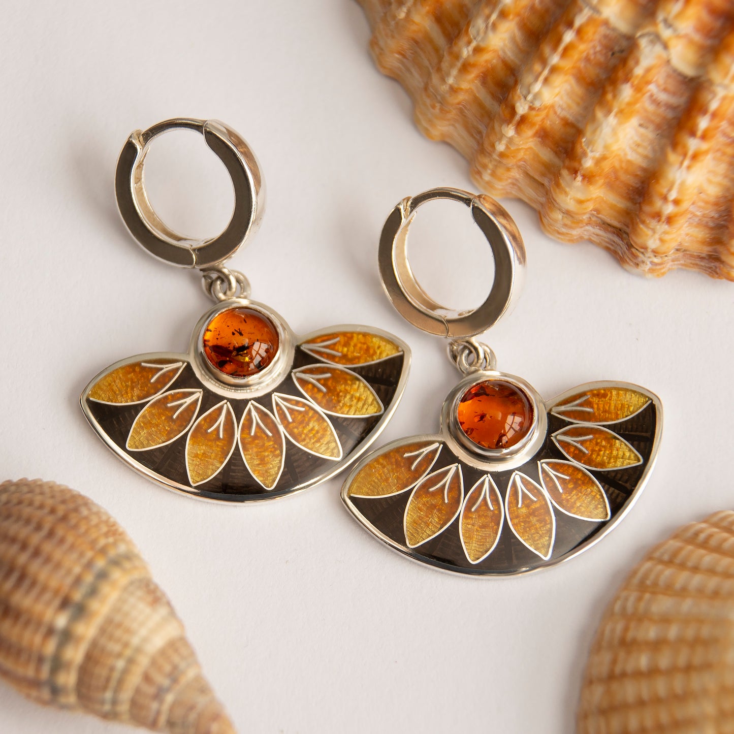 Cloisonné Enamel, Sterling Silver, Baltic Amber Stone, Orange Earrings