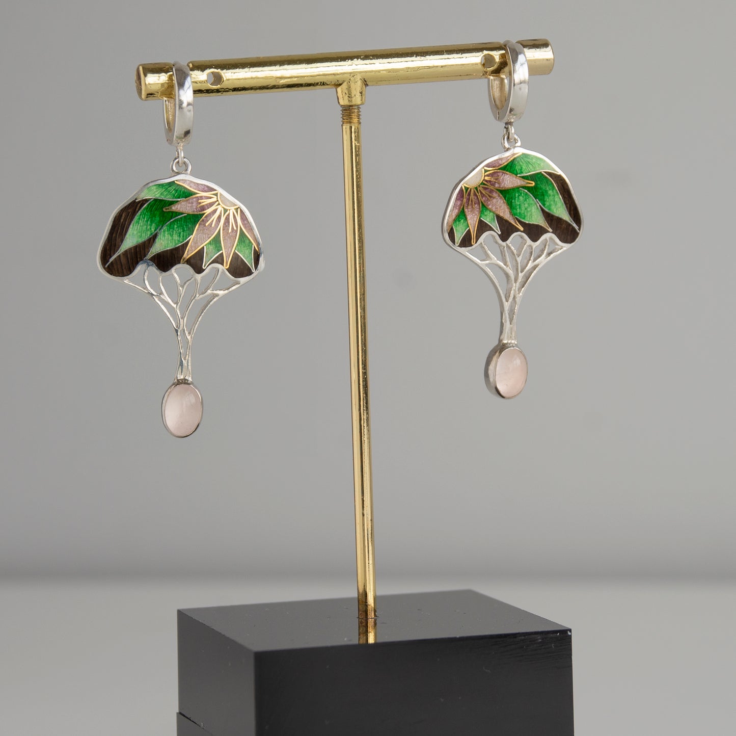 Gold Tree Cloisonné Enamel Earrings With Rose Quartz Stone