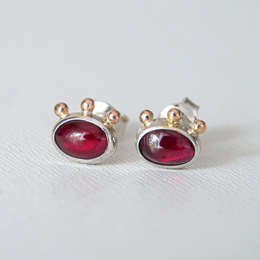 Garnet Studs With 3 Gold Beads