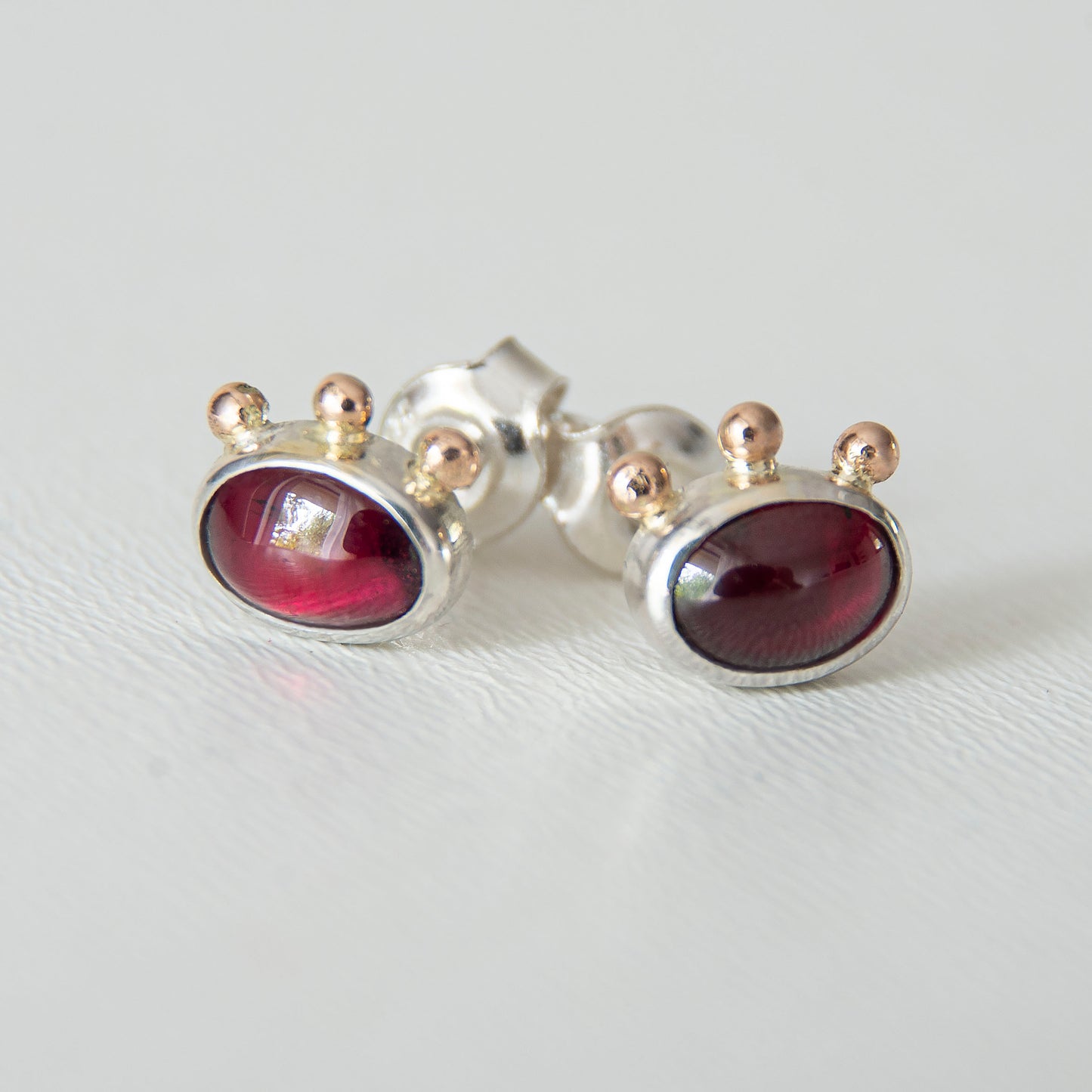 Garnet Studs With 3 Gold Beads