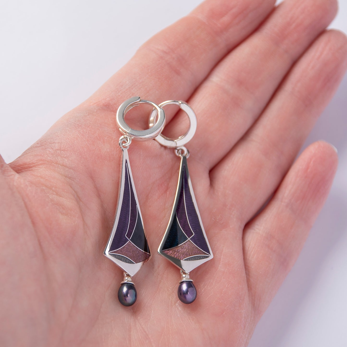 Cloisonné Enamel, Deep Violet Earrings With Peacock Pearls