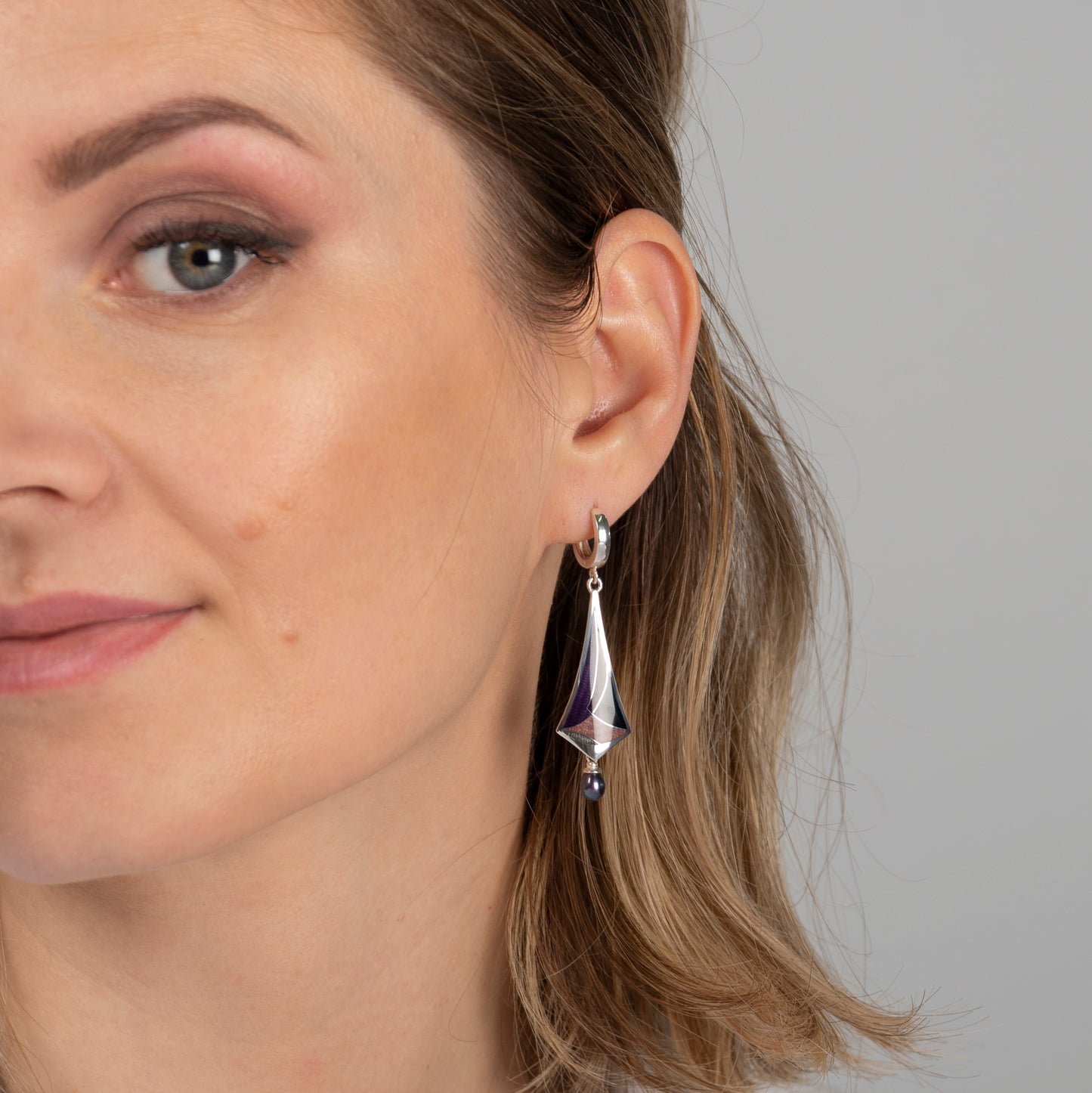 Cloisonné Enamel, Deep Violet Earrings With Peacock Pearls