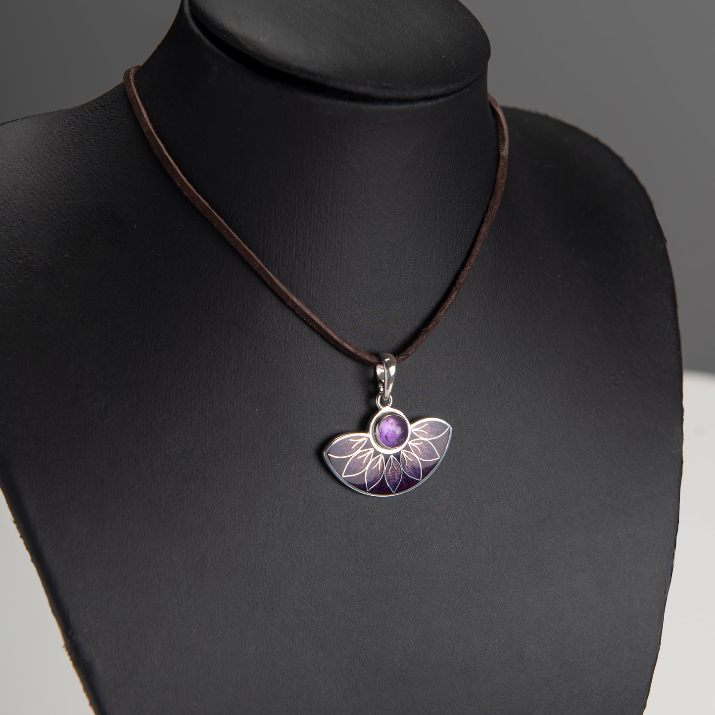 Purple Leaves Semicircle Cloisonné Enamel and Amethyst Pendant
