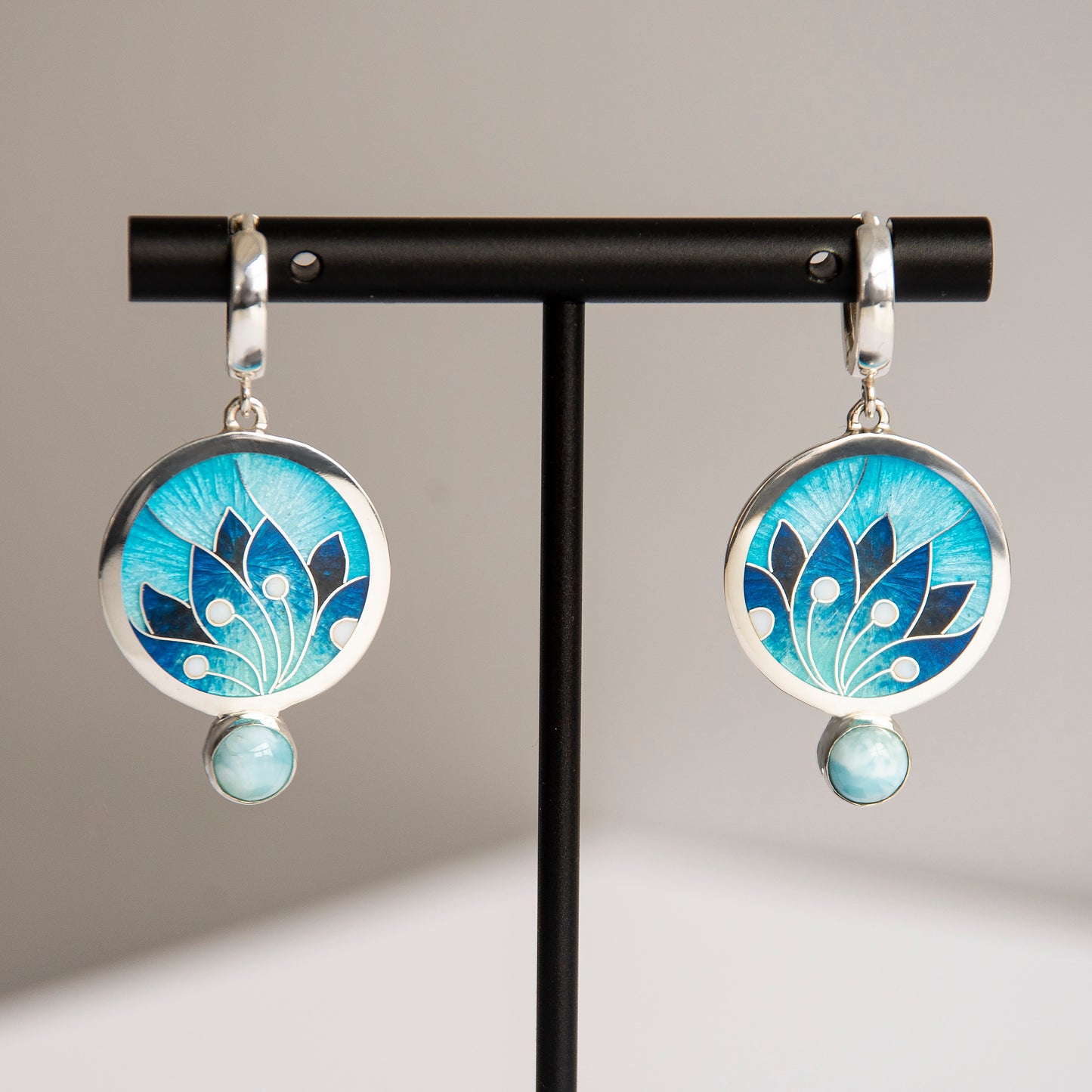 Cloisonné Enamel Turquoise Earrings With Larimar Stone "Ice Queen"