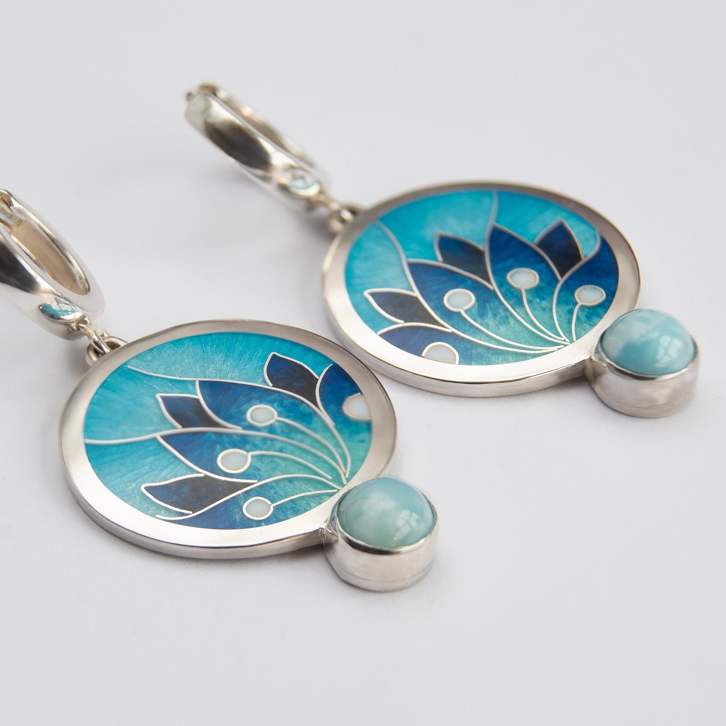 Cloisonné Enamel Turquoise Earrings With Larimar Stone "Ice Queen"