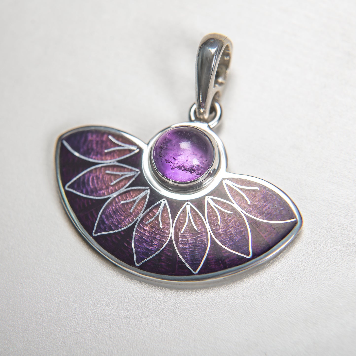 Purple Leaves Semicircle Cloisonné Enamel and Amethyst Pendant