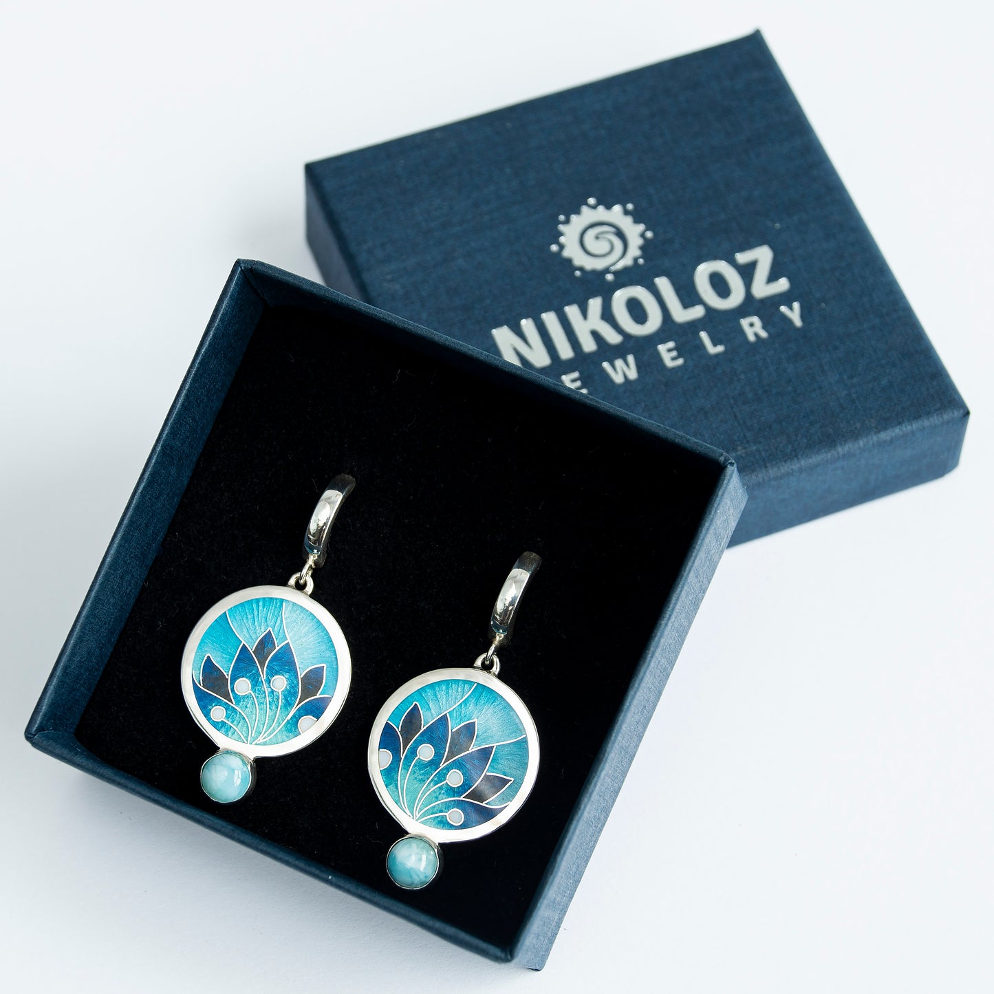 Cloisonné Enamel Turquoise Earrings With Larimar Stone "Ice Queen"