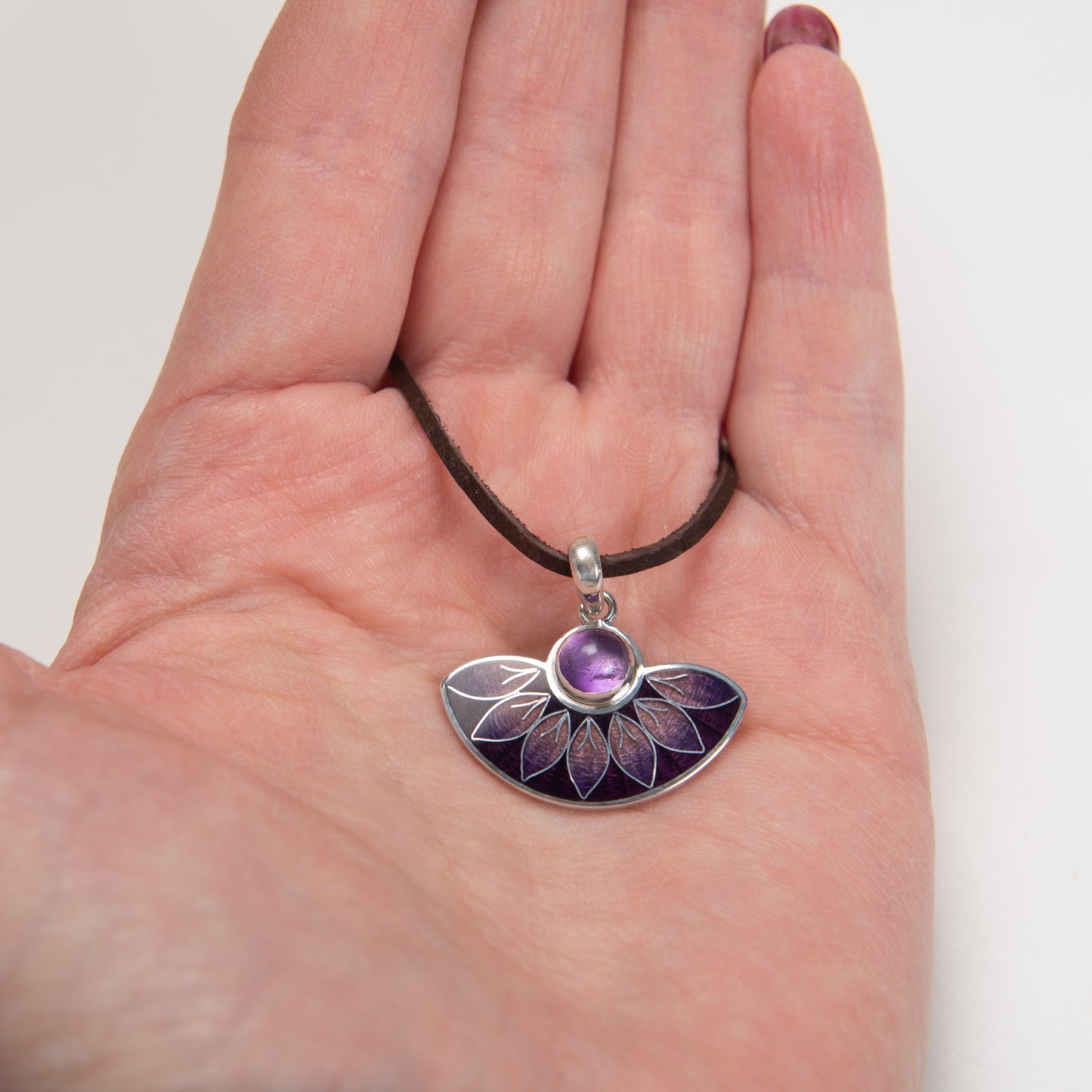 Purple Leaves Semicircle Cloisonné Enamel and Amethyst Pendant