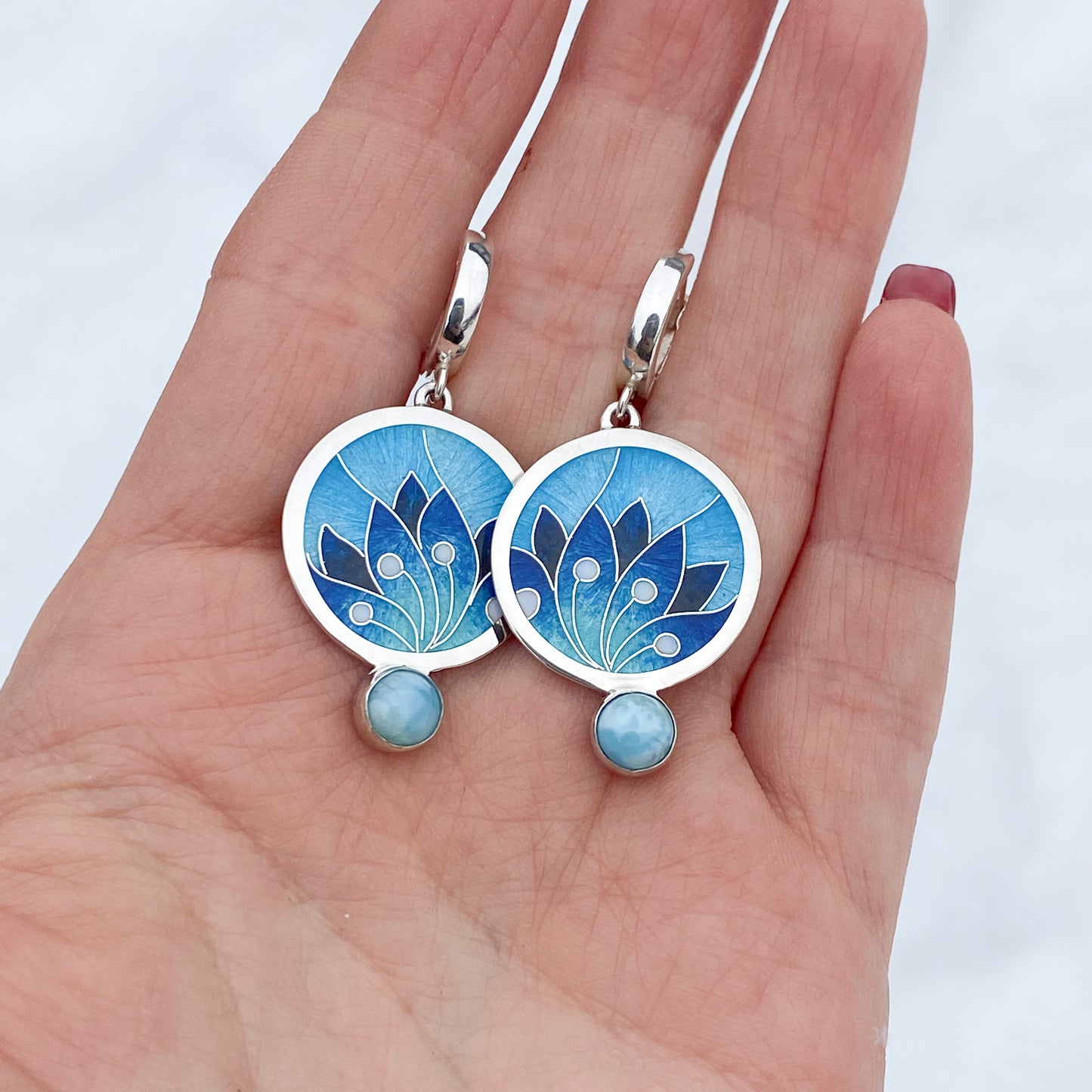 Cloisonné Enamel Turquoise Earrings With Larimar Stone "Ice Queen"