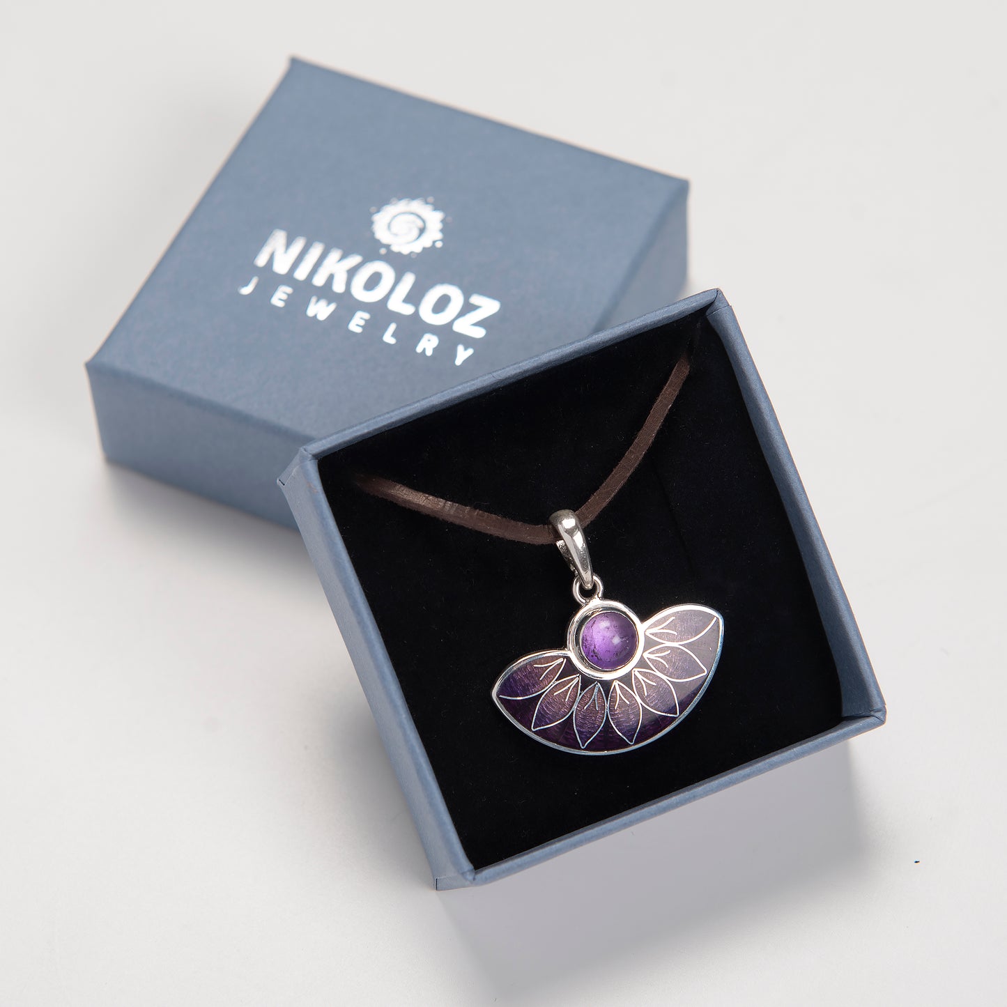 Purple Leaves Semicircle Cloisonné Enamel and Amethyst Pendant