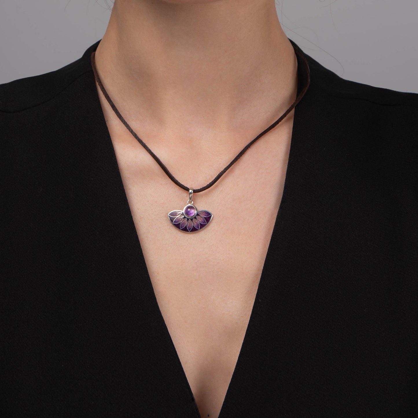 Purple Leaves Semicircle Cloisonné Enamel and Amethyst Pendant