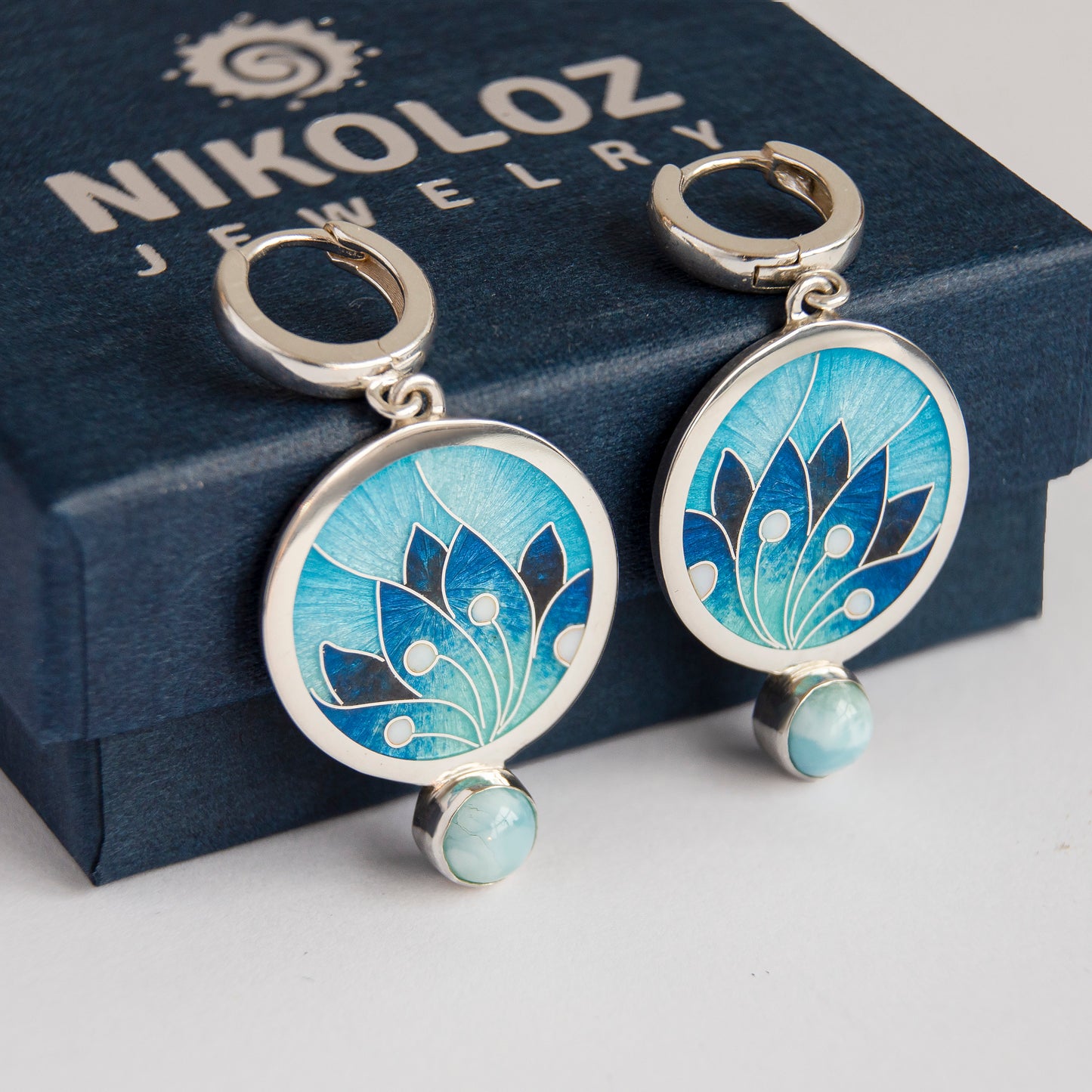 Cloisonné Enamel Turquoise Earrings With Larimar Stone "Ice Queen"
