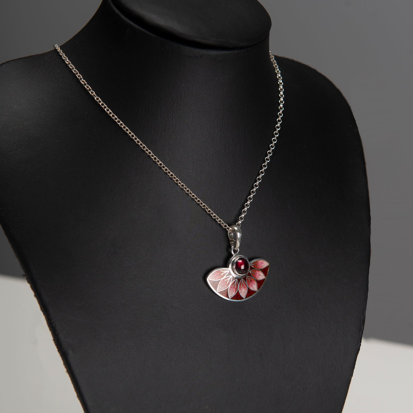 Red Leaves Semicircle Cloisonné Enamel Pendant With Garnet Stone