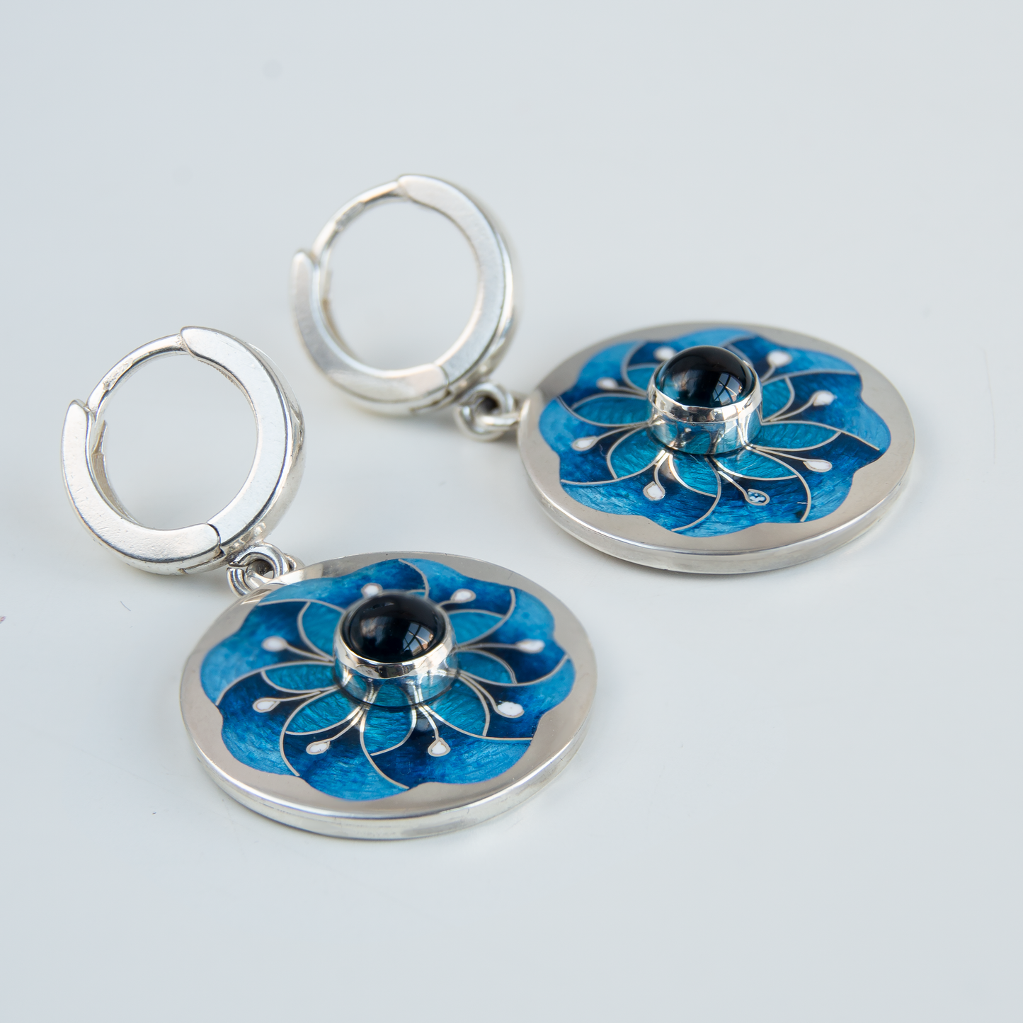 London Blue Topaz, Cloisonné Enamel Earrings "Fantastic Flowers"