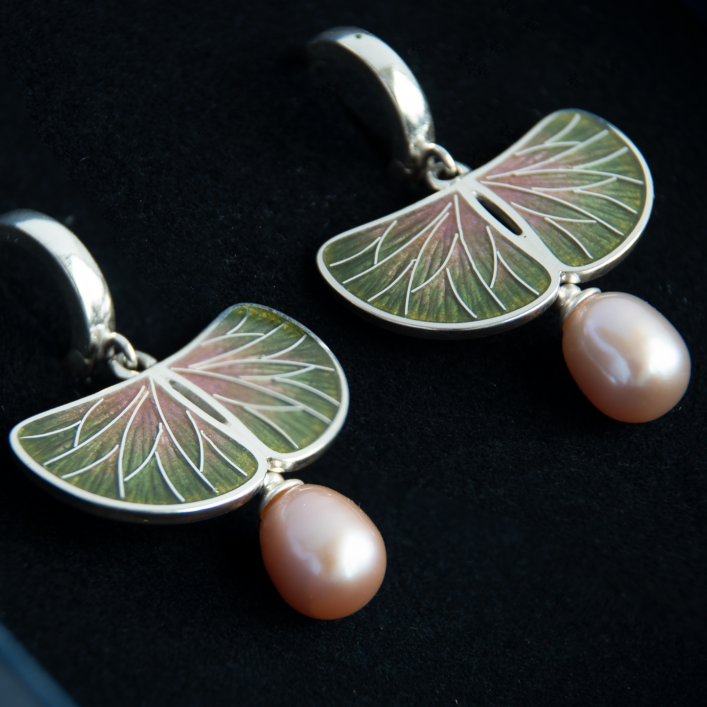 Cloisonné Enamel, Sterling Silver, Natural Rose Pearls Earrings "Waterlily Leaves"