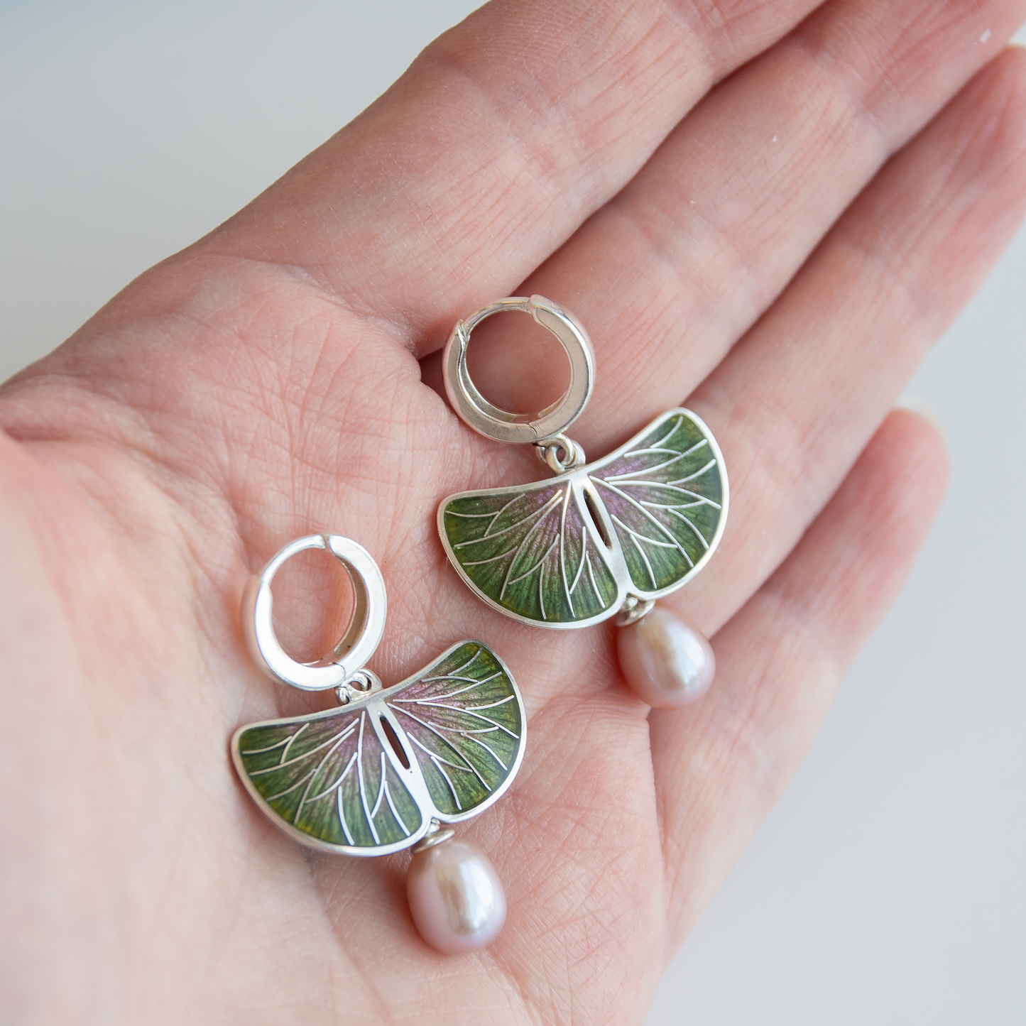 Cloisonné Enamel, Sterling Silver, Natural Rose Pearls Earrings "Waterlily Leaves"