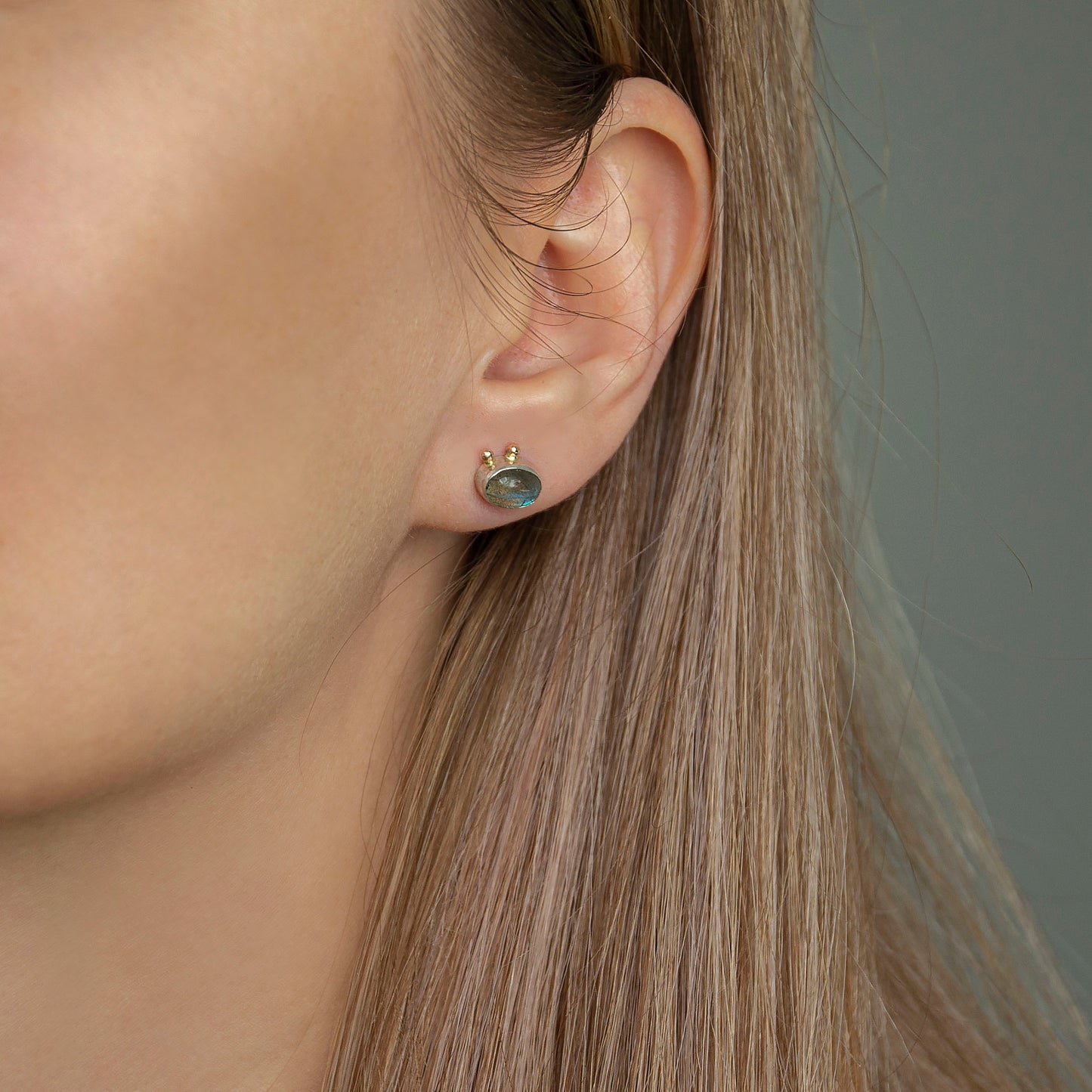 Labradorite Studs With 2 Gold Beads