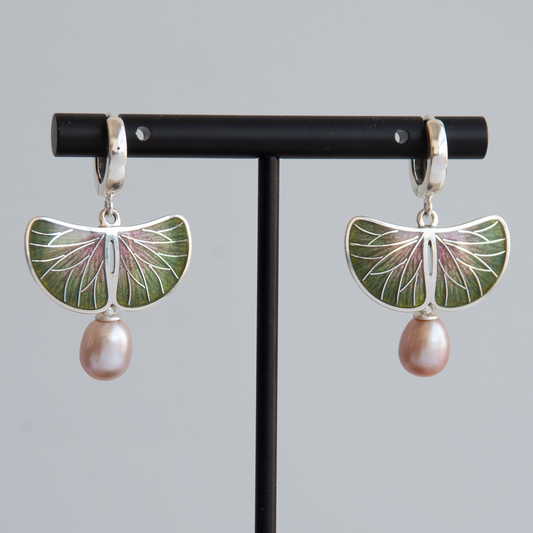 Ginko Leaves Cloisonne Enamel Earrings With Rose Pearls