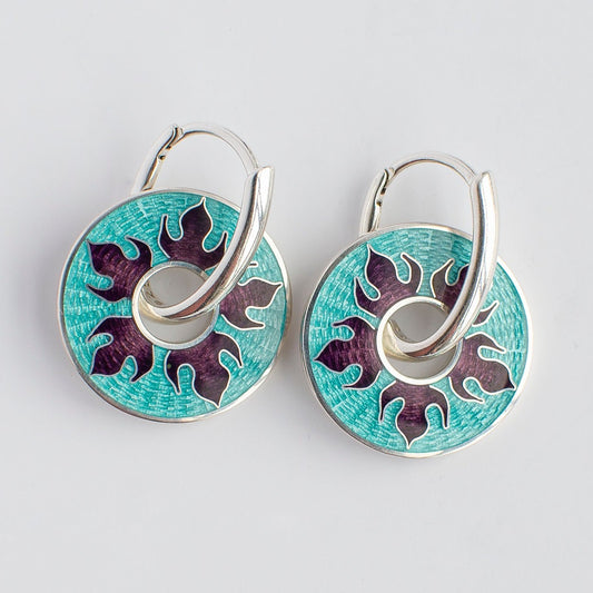 Rotating Snowflakes Turquoise Cloisonné Enamel and Silver Earrings