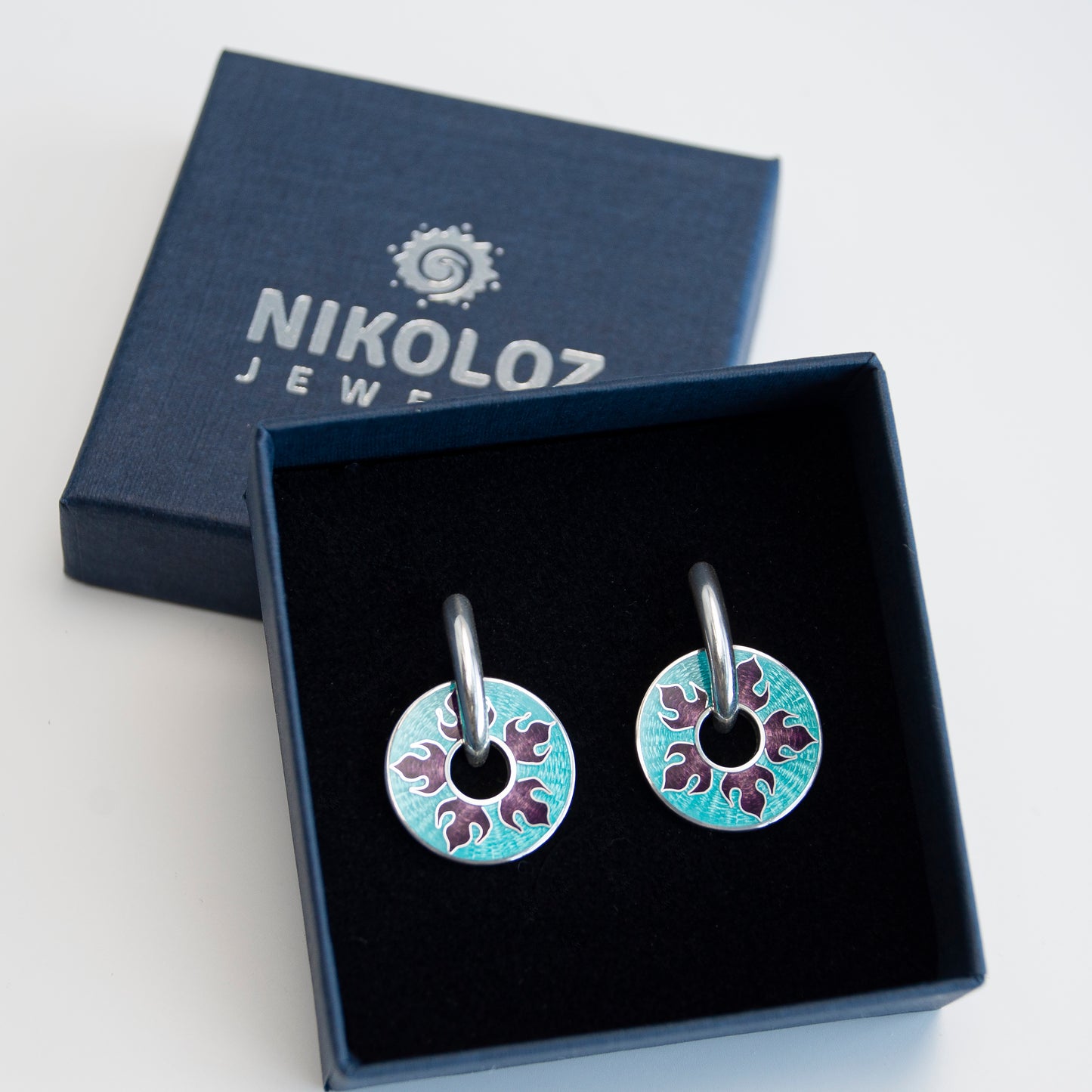 Rotating Snowflakes Turquoise Cloisonné Enamel and Silver Earrings