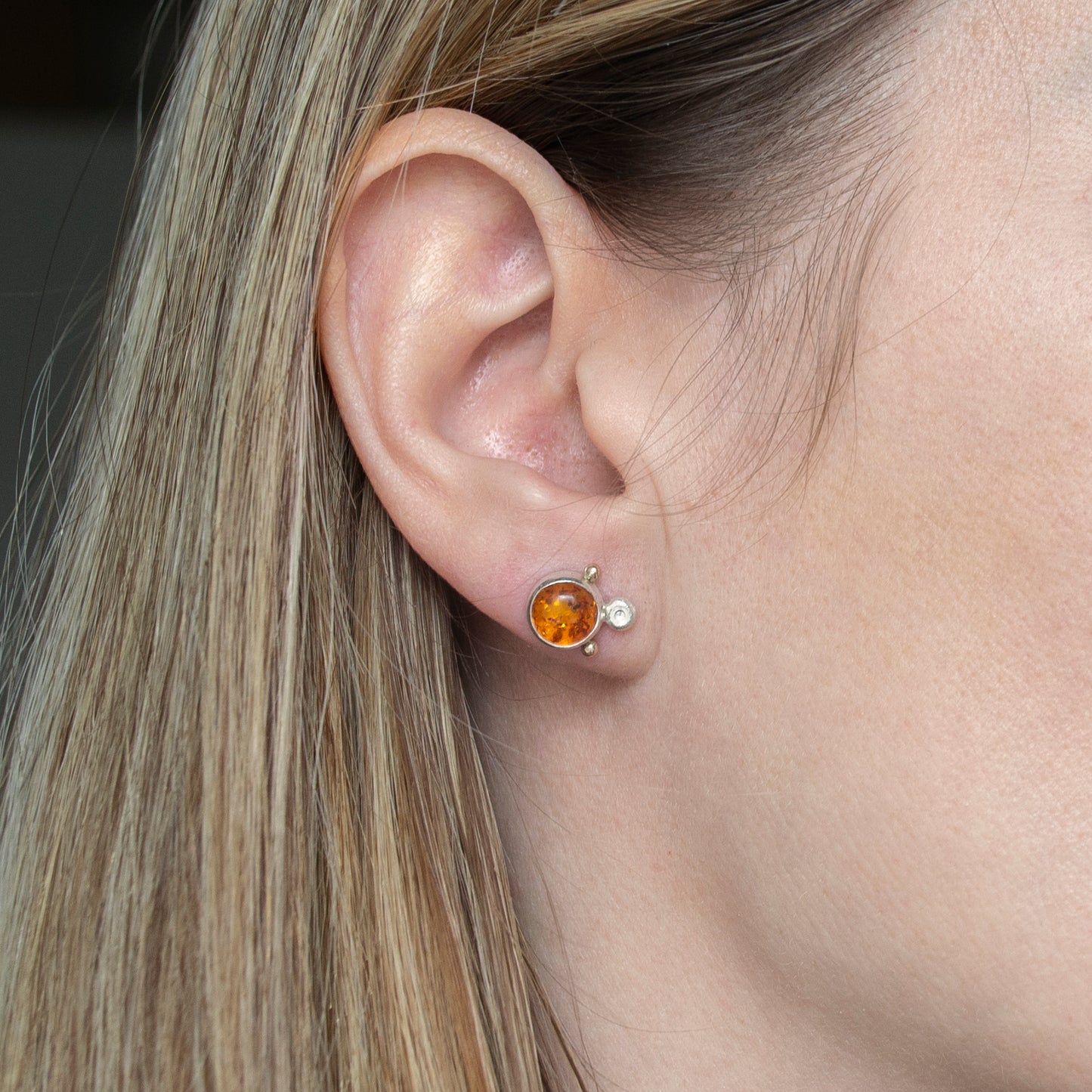Baltic Amber Stone Studs With Silver And Gold Beads