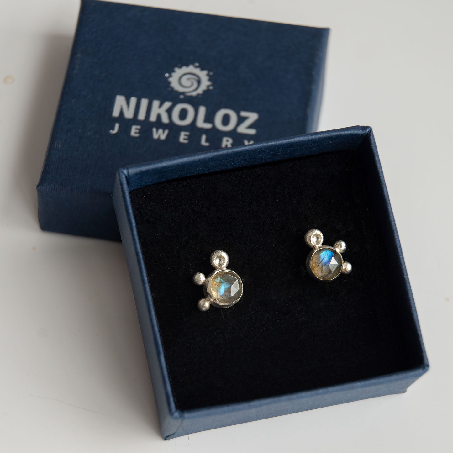 Turtle Labradorite Studs With Silver Beads