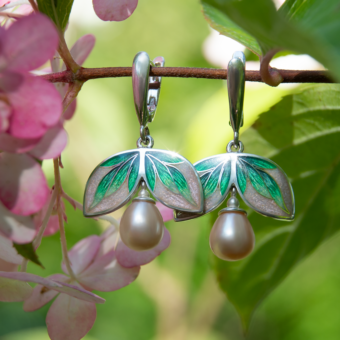 Hortensia Two Leaves  Cloisonné Enamel  Earrings With Rose  Freshwater Pearls