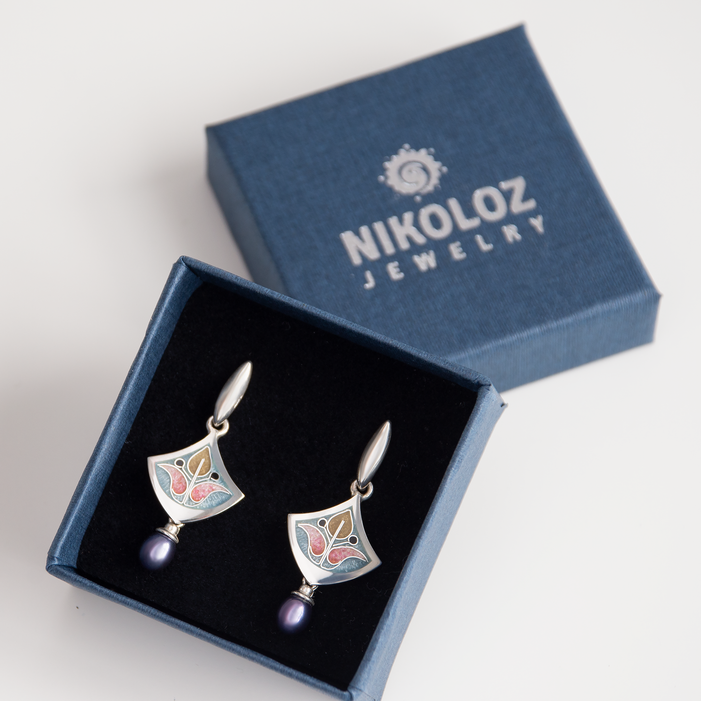 Dangle Rhombus Cloisonne Enamel Earrings With Peacock Pearls