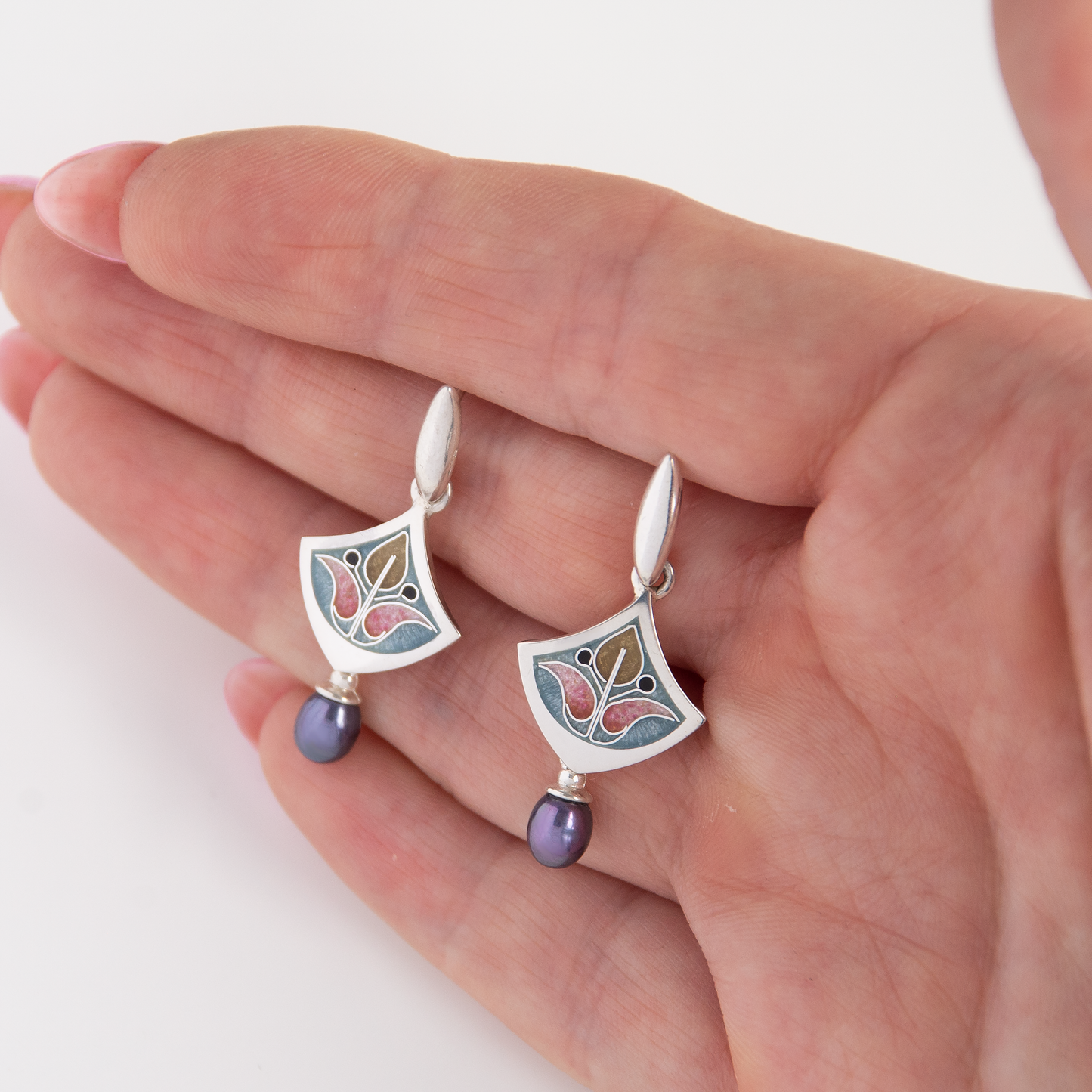 Dangle Rhombus Cloisonne Enamel Earrings With Peacock Pearls